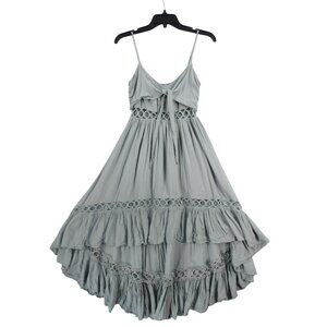 Boho Dress Lace Trim & Ruffle Layers Spaghetti Straps Bow Detail Flowy High-Low